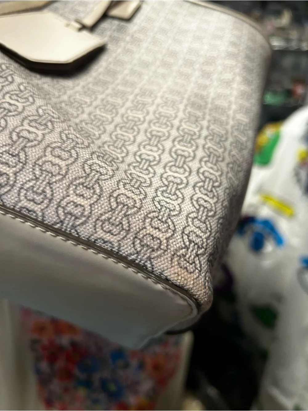 Tory Burch Cream and Light Blue Printed Canvas Stripe Tote
